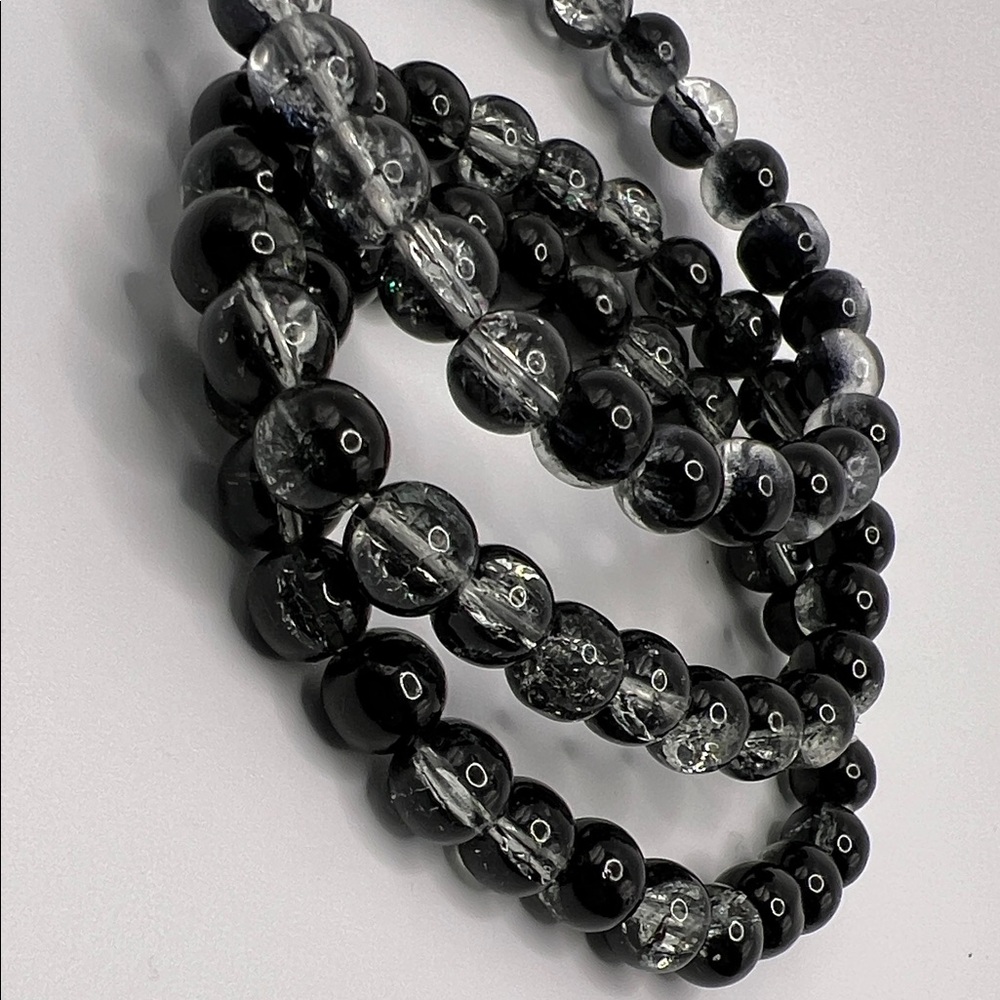 Black, Grey, and Clear Glass Crackle Beaded Bracelet Set Stretch NEW